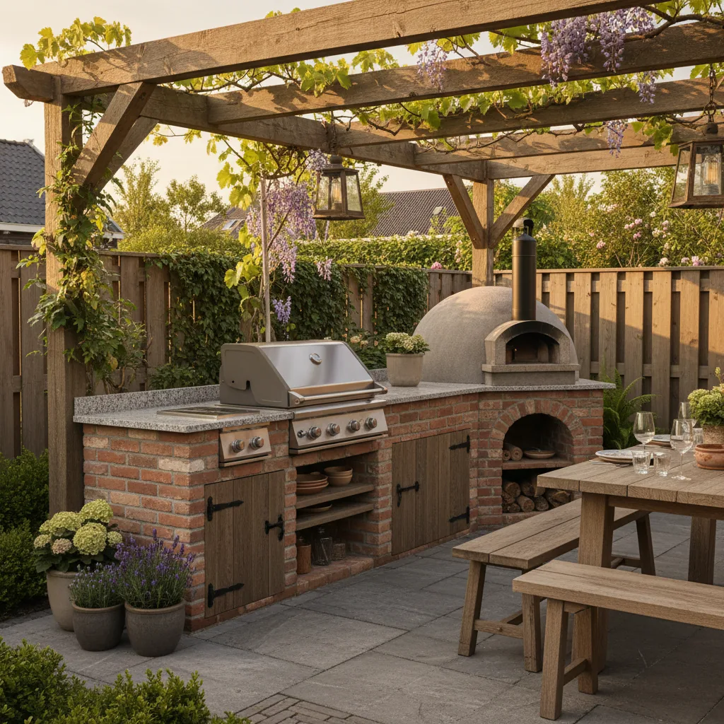Gemetselde buitenkeuken met BBQ in tuin