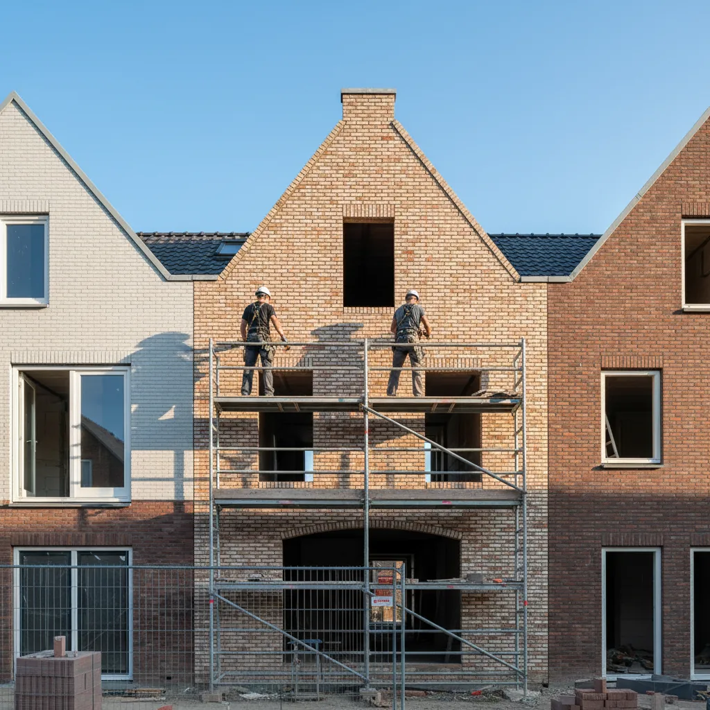 Gevel metselen op bouwplaats met steiger