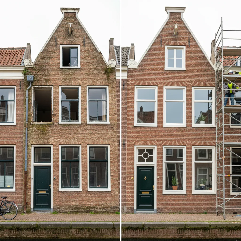 Gevelrenovatie aan grachtenpand met steiger