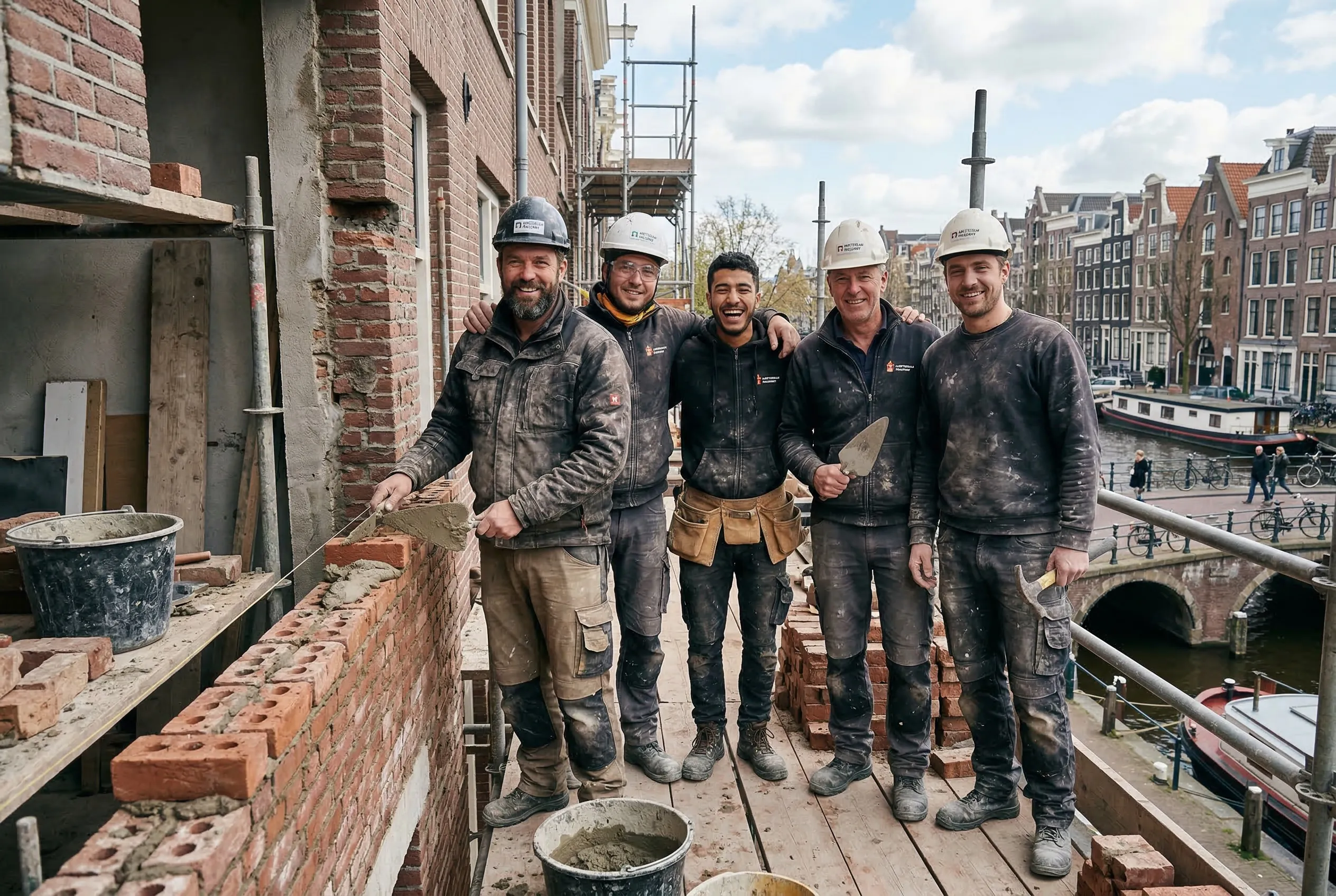 Team met helmen op steiger