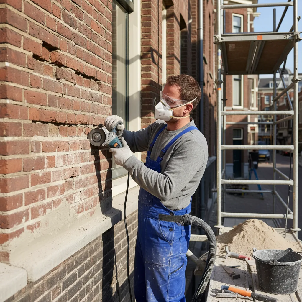 Voegen uithakken en opnieuw voegen van bakstenen gevel